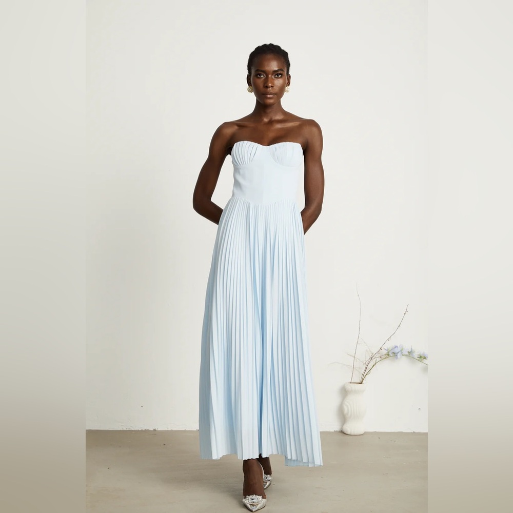 Miss Rosier Carlotta Blue Pleated Corset Maxi Dress